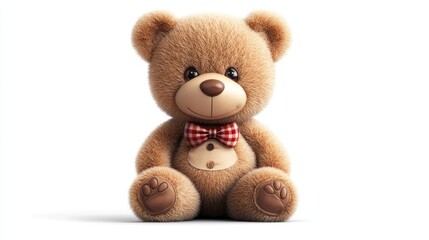 Obraz premium Cute Teddy Bear with Red Bow Tie Sitting Isolated on White Background
