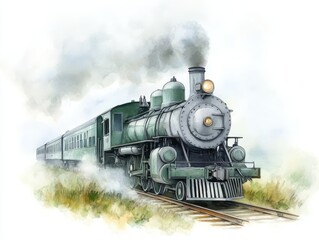 Naklejka premium Vintage Steam Locomotive Train on Tracks with Smoke and Grass Watercolor Illustration