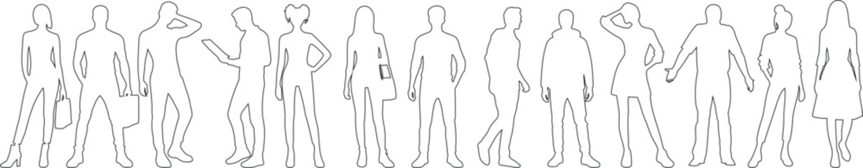 diverse men and women outline standing, posing, and interacting, minimalist line art monochrome, creative, fashion, and lifestyle representation