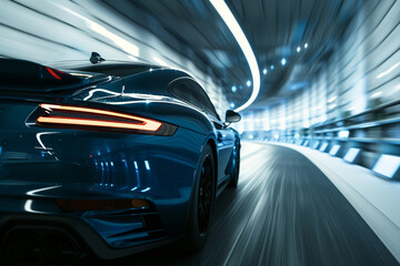 A blue sports car is driving down a long, winding road
