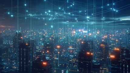 A cinematic view of a city skyline with wearable devices transmitting data to a centralized healthcare system, visible digital lines connecting devices to a massive server hub.