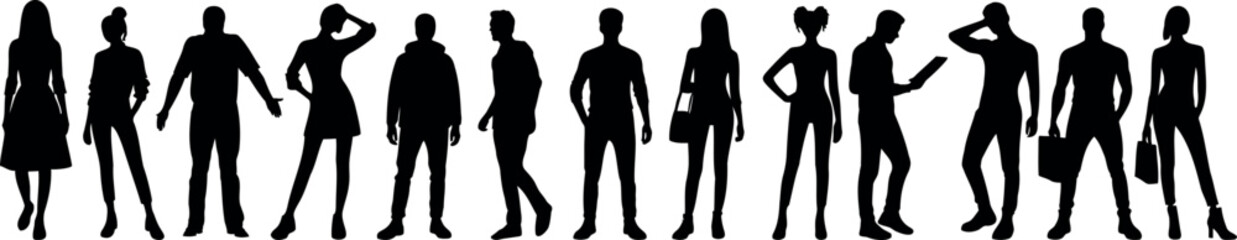 Silhouette figures of diverse people in various poses, emphasizing human diversity and body language, perfect for illustrating social concepts, teamwork, or community engagement