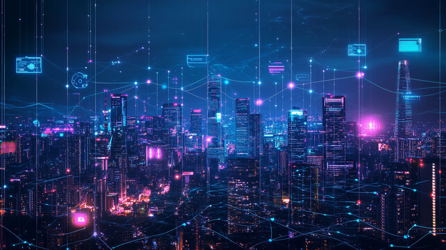 A cinematic view of a city skyline with wearable devices transmitting data to a centralized healthcare system, visible digital lines connecting devices to a massive server hub.
