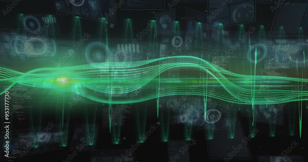 Poster green waveforms and digital data processing animation over futuristic interface