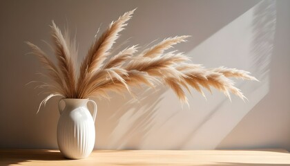 Naklejka premium Dried pampas grass in a white ceramic vase on a wooden surface, with soft shadows from natural light