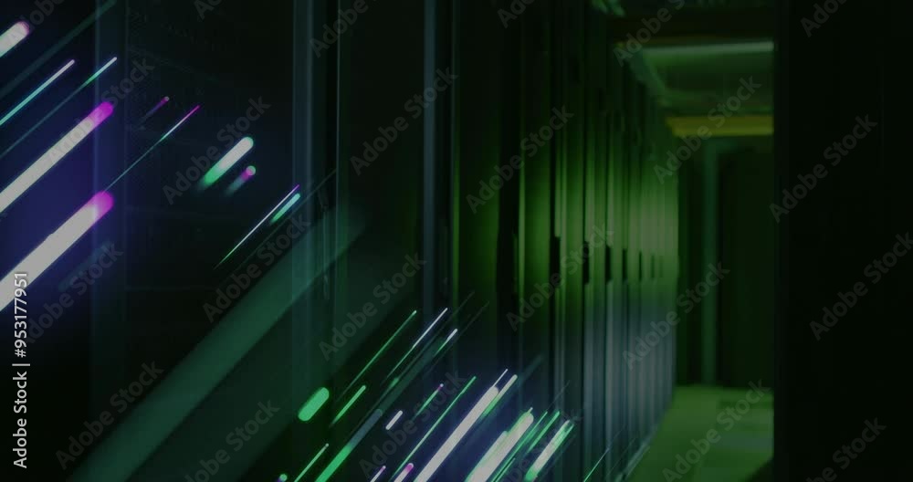 Poster data processing animation over server racks in dimly lit data center