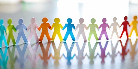 "Colorful Paper People Chain" - A chain of multicolored paper cut-out humans on a solid background.
