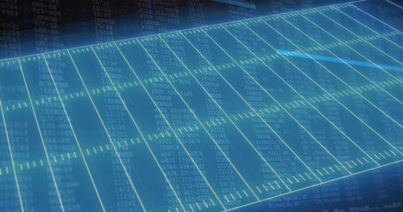 Football field with yard lines and data processing animation over blue background - Powered by Adobe