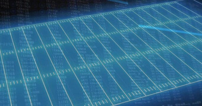 Football field with yard lines and data processing animation over blue background