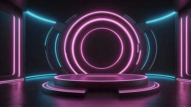 Cylinder pedestal podium with neon ring light and pink, blue theme background. Futuristic and cyberspace scene for product presentation.