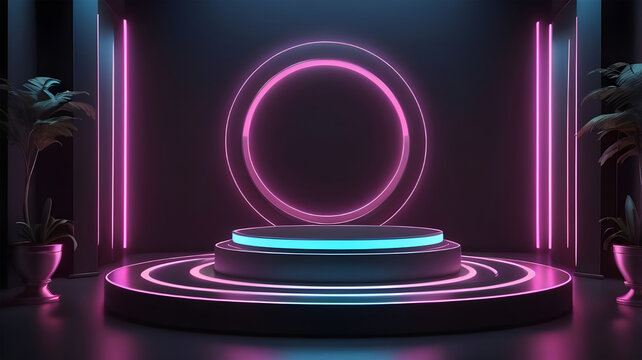 Cylinder pedestal podium set with neon pink and blue ring light with drak theme background. Futuristic and cyberspace scene for product presentation.