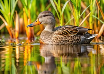 Fototapeta premium Horizontal Photo Of A Brown And Gray Gadwall Duck Foraging In Shallow Water With Tall Grass And Trees In The Background.