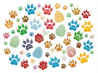 Illustrated icon of animal tracks, including paw prints, hoof marks, and bird footprints, in a variety of colors and patterns on a white background.