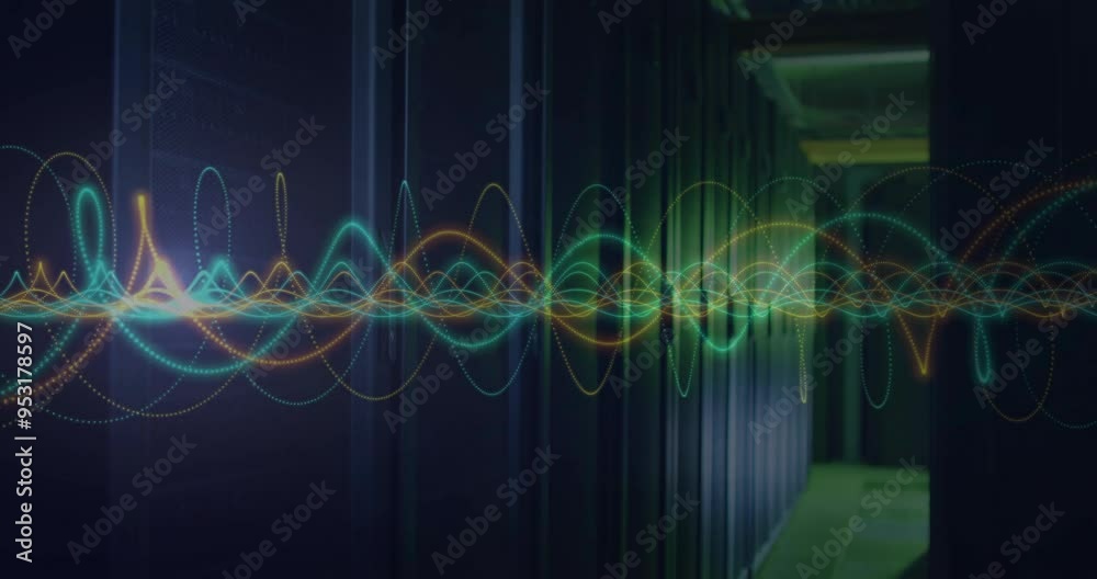 Poster colorful waveforms animation over server racks in data center