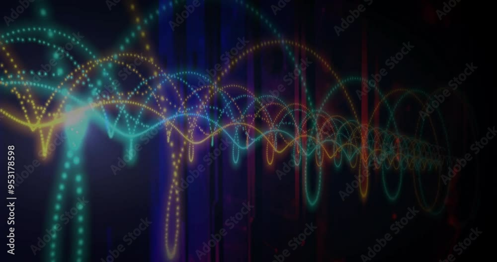Poster colorful waveforms and dots animation over dark background with vertical lines