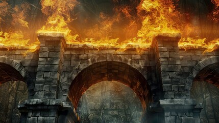 Fototapeta premium Stone archway with mystical yellow fire on top.