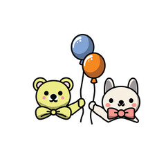 vector illustration of teddy bear and cat holding the balloons for birthday party