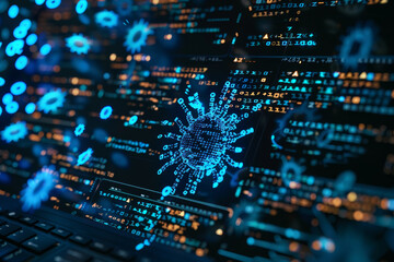 Obraz premium A computer screen shows a virus in a blue and orange color