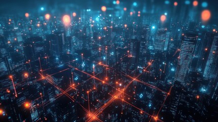 Fototapeta premium Cyberpunk Cityscape with glowing network connections