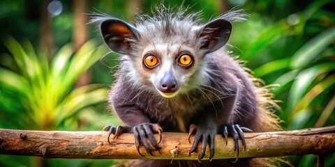 Obraz premium Long-fingered, bushy-tailed aye-aye lemur perches on a branch, its slender body and expressive eyes radiating curiosity in a lush, tropical forest environment.