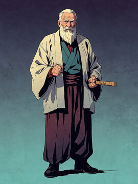 Elderly samurai holding a staff in traditional attire