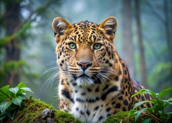 Obraz premium Majestic Amur leopard, critically endangered species, inhabits Russian Far East, showcasing striking fur patterns, piercing eyes, and agile physique amidst misty forest undergrowth.