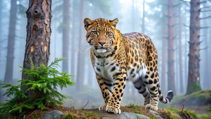 Fototapeta premium Majestic Amur leopard, one of the world's rarest big cats, roams freely in vast, misty Russian forest, its distinctive spots blending seamlessly into the surroundings.