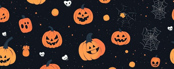 AÂ black and dark Halloween design including orange pumpkins, spider webs, monsters, candies, and other items with a Halloween theme.