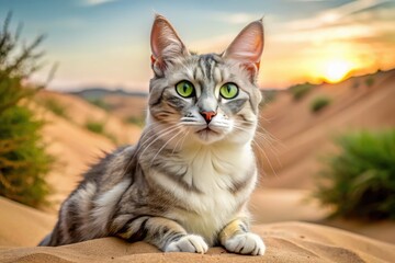 Obraz premium Majestic grey and white Arabian Mau cat with striking green eyes and delicate fur patterns, posing regally against a warm, sandy dune backdrop.