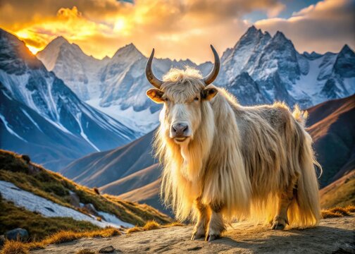 Majestic long-haired yak stands proudly in a serene Himalayan mountain landscape, its shaggy coat glistening in the soft, golden light of a tranquil afternoon.
