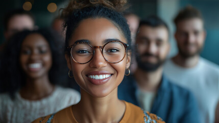 Fototapeta premium Diverse group of colleagues smiling for a selfie in a modern office, showcasing camaraderie and inclusivity in a casual work environment