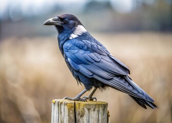 Fototapeta premium Majestic White-necked Raven perches on a weathered wooden fence post, its sleek black plumage and distinctive white feathers glistening in the soft, overcast afternoon light.