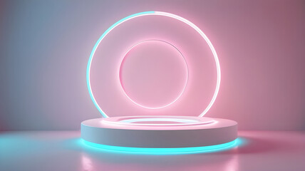 Cylinder pedestal podium set with neon ring light and  pink, blue background theme. Futuristic and cyberspace scene for product presentation.