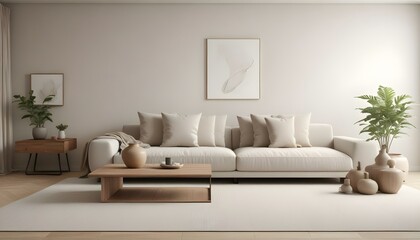 A modern living room with a large beige sofa, wooden coffee table, and minimalist decor.