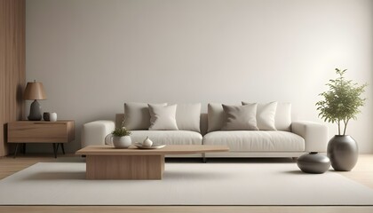 A modern living room with a large beige sofa, wooden coffee table, and minimalist decor.