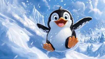 A funny cartoon penguin sliding down an icy hill, with a big smile and a snowy landscape in the background.