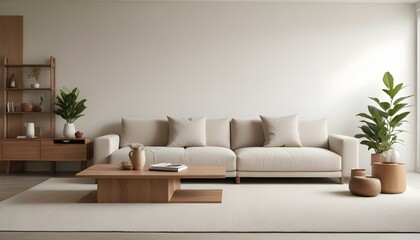 Fototapeta premium A modern living room with a large beige sofa, wooden coffee table, and minimalist decor.