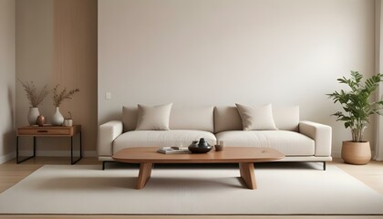 A modern living room with a large beige sofa, wooden coffee table, and minimalist decor.