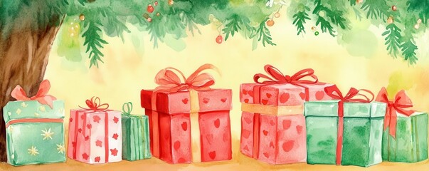Christmas presents stacked under a tree, watercolor, cheerful red and green hues, vibrant holiday background