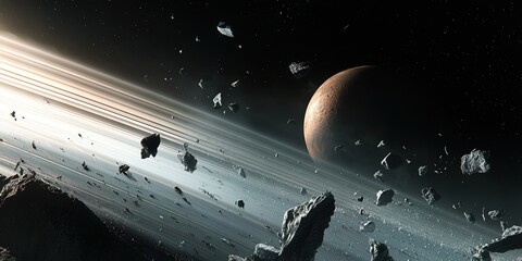 A close-up view of Saturn's rings featuring ice debris surrounding the planet in a stunning cosmic display
