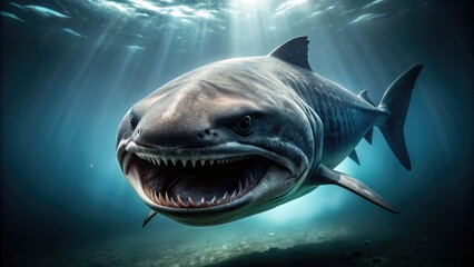 Naklejka premium Rare, deep-sea dweller megamouth shark swims through dark, misty waters, its enormous mouth agape, revealing hundreds of tiny teeth in this eerie underwater scene.