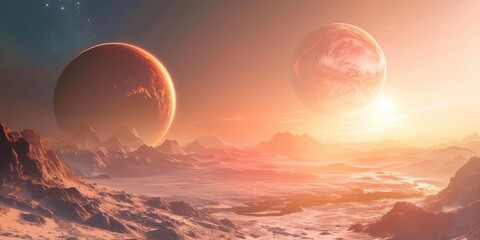 Fototapeta premium Stunning visualization of two exoplanets against a vibrant cosmic backdrop at sunset in an alien landscape