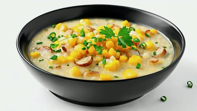 A bowl of Vermont corn chowder, the creamy, hearty soup with kernels of sweet corn, diced potatoes, and a sprinkle of fresh herbs, isolated on white background