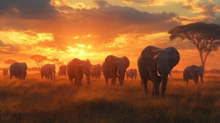 Fototapeta premium A herd of elephants walking across the savannah at sunset, emphasizing the strength and unity of these gentle giants.