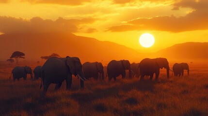 Fototapeta premium A herd of elephants walking across the savannah at sunset, emphasizing the strength and unity of these gentle giants.