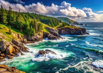 Rugged coastline of Newfoundland, Canada, with waves crashing against rocky shores, lush green forests, and misty ocean air, evoking a sense of wild Atlantic beauty.