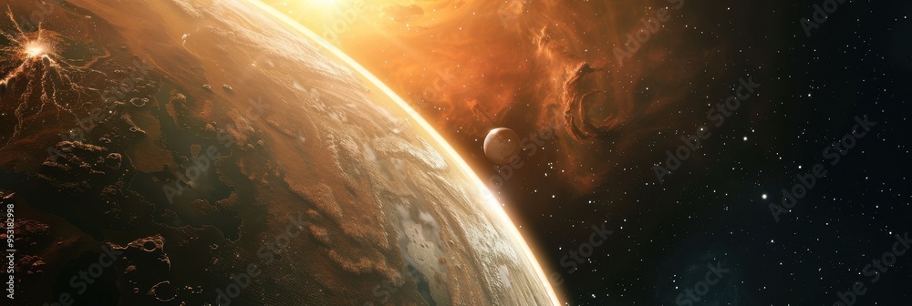 Sticker close-up view of the atmosphere of an exoplanet illuminated by its neighboring star in deep space wi