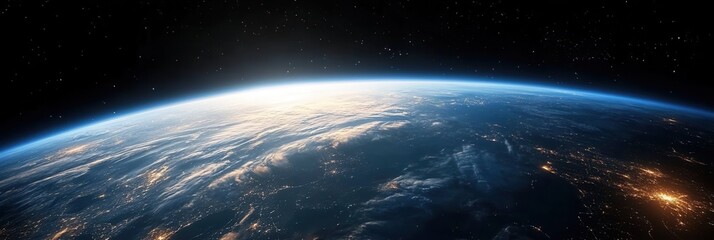 A breathtaking view of Earth in space showcasing illuminated clouds and the blue atmosphere against a black cosmic backdrop