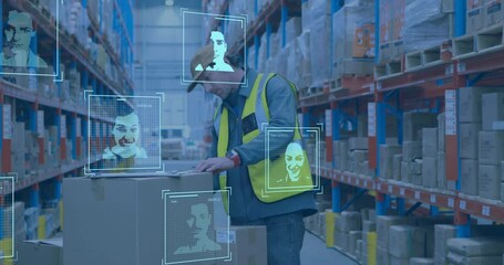 Facial recognition animation over warehouse worker handling large box - Powered by Adobe