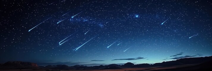 Shooting stars illuminate the desert night sky, creating a breathtaking celestial display over the tranquil landscape